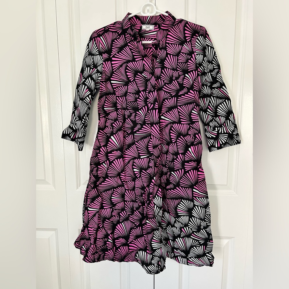 Zuri women’s dress xxs black and white and purple geometric floral palm leaves